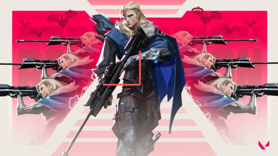 A blond man wearing a blue fur lined cloak walks towards the camera with a sniper rifle by his side