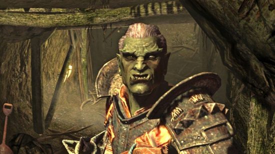 Skyrim mod bringing DLSS support to Bethesda RPG: an orc in a mine, in battle armour holding a mace