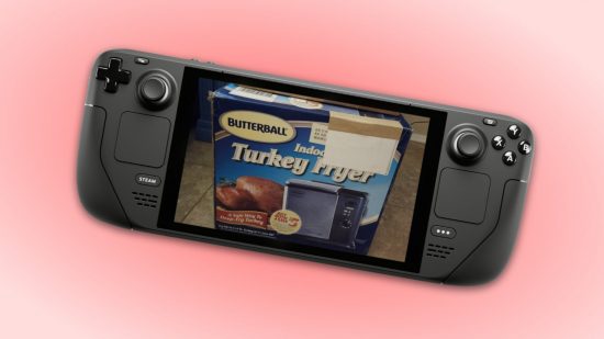 A Steam Deck with a turkey fryer on the screen against a red background