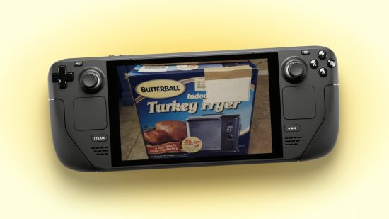 A Steam Deck with a turkey fryer on the screen