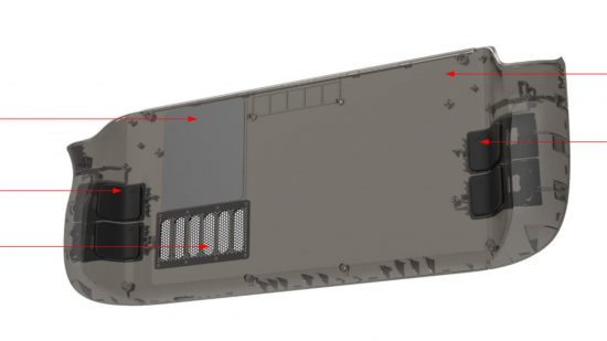 The Jsaux Steam Deck case teaser with red arrows pointing towards different parts