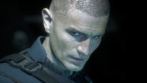 Jacob Lee, protagonist of The Callisto Protocol, looks ominously to the left in a close-up