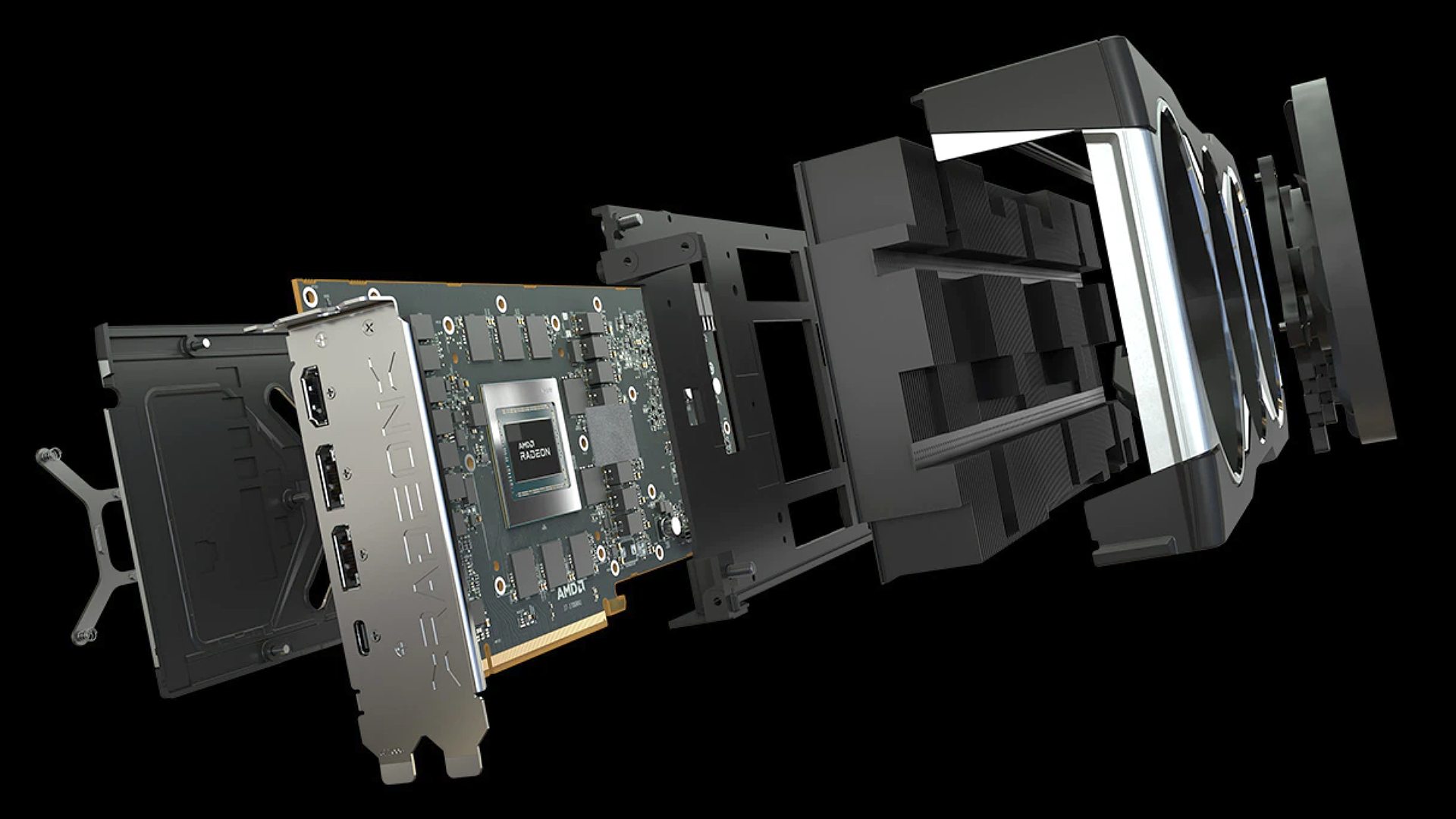 Explosión de la tarjeta gráfica AMD Radeon con una mirada interna a la GPU y la placa