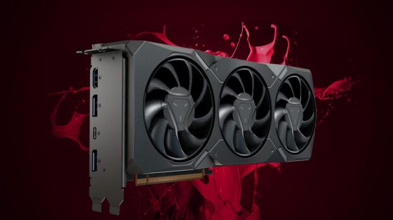 AMD Radeon graphics card with red splash backdrop