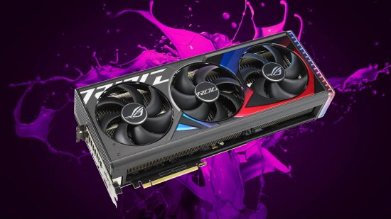 AMD Radeon RX 7900: RTX 4090 ROG Strix graphics card with purple Adrenaline splash backdrop