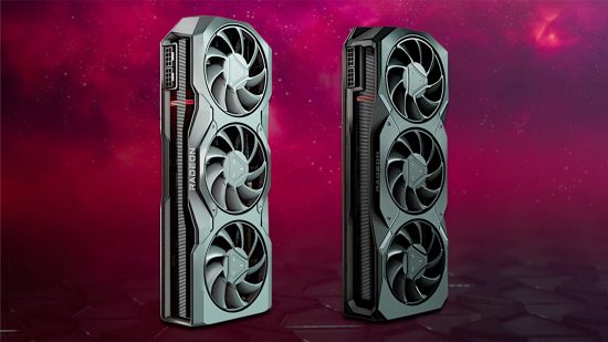 AMD Radeon RX 7000 series graphics cards, standing upright, against a cosmic red space-esque background