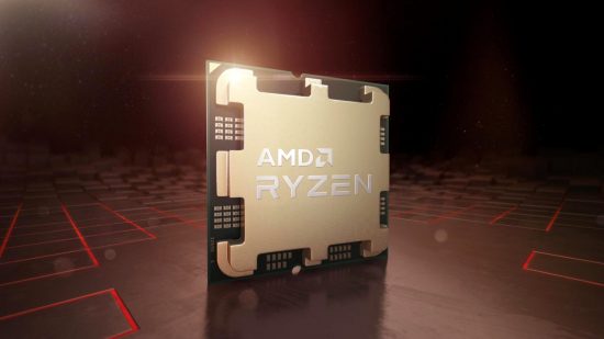 An AMD Ryzen 7000 series processor stands upright in an orange hue room