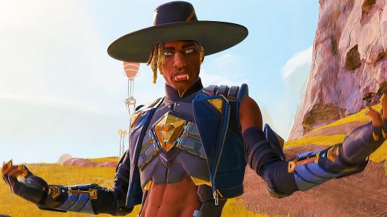 Apex Legends character Seer finally gets heartbeat sensor nerfed: A space soldier in a cowboy hat poses on a bright sunny planet