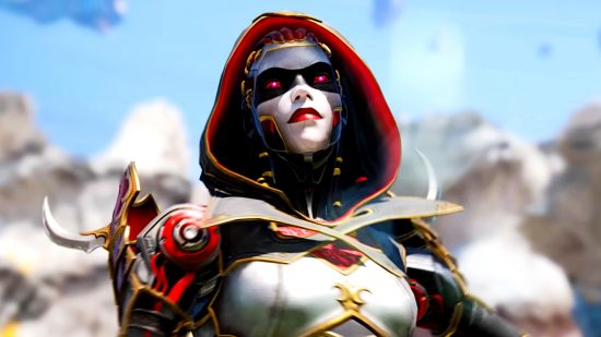 Apex Legends - EA collusion patent - Ash in her white, red, and gold 'Imperial Assailant' skin with hood up