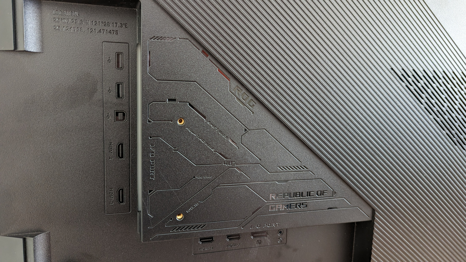 A close up of the rear of the Asus ROG Swift PG48UQ gaming monitor, in which its display inputs and some of its USB Type-A ports can be seen