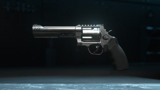 Best Warzone 2 Basilisk loadout: a revolver pistol sits on display in a dark room