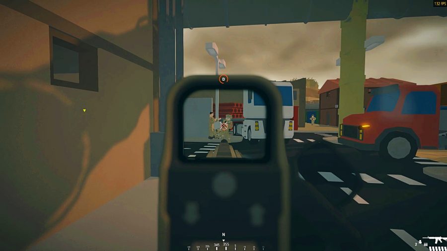 BattleBit Remastered - first-person view of someone aiming down a scope at several soldiers in a low-poly multiplayer game