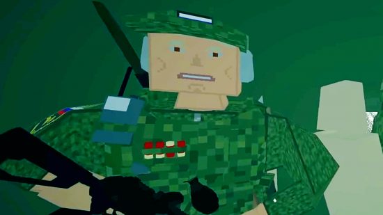 BattleBit Remastered - a low-poly soldier in green camo sitting in a truck and holding a rifle