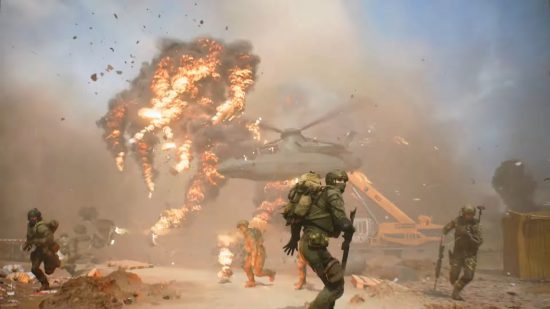 Battlefield 2042 free to play dates: Soldiers scatter in a desert scene as a military helicopter crashes in a fiery airborne explosion