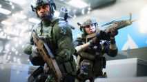 Battlefield 2042 season 3 new map: Specialists Zain and Falck advance through a brightly lit weapons manufacturing facility as sparks shower from enemy gunfire overhead