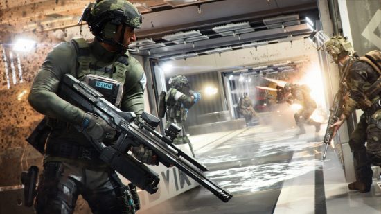 Battlefield 2042 Season 3 release date: Armoured soldiers holding high-tech weapons advance down a hallway under enemy fire as an explosion erupts on the right