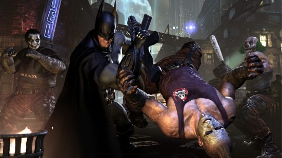 Best Batman games - Batman is dumping an enemy onto his head as two more thugs look poised to attack Batman in Arkham City.
