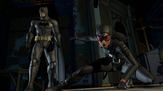Best Batman games -Batman is standing alongside with Catwoman who is poised on all fours in Batman The Telltale Series.