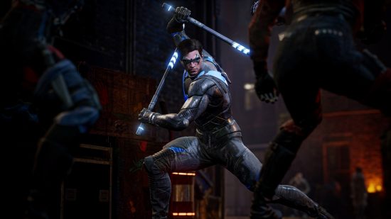 Best Batman games - Nightwing wielding two shock sticks in an alleyway as two thugs look set to attack him in Gotham Knights.