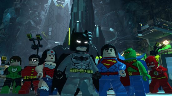 Best Batman games - Batman with a bunch of other DC heroes, including Superman, Wonder Woman, Green Lantern, Martian Manhunter, Robin, and The Flash in LEGO Batman 3. A jet rocket is behind them.