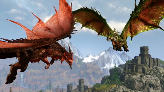 Game PC gratis terbaik: Satu naga merah dan satu naga hijau terbang ke arah satu sama lain di atas kastil