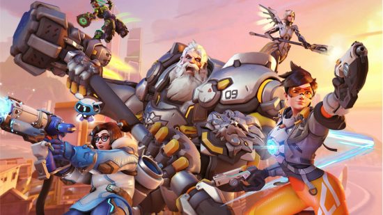 Best free PC games: A team of playable characters in Overwatch 2, including Reinhardt, Mercy, Tracer, Mei, and Genji, some of the most popular heroes available in the free PC game.