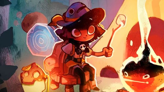 Best games like Animal Crossing: The Spirit Scout in Cozy Grove toasting a marshmallow on her sidekick and anthropomorphic campfire, Flamey
