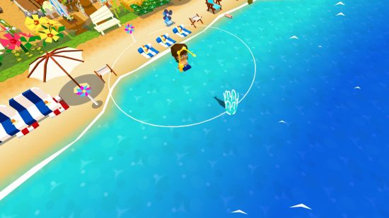 Best games like Animal Crossing: The player in the middle of catching a fish while standing on a beach, surrounded by umbrellas, beac chairs, and windmills in Castaway Paradise.