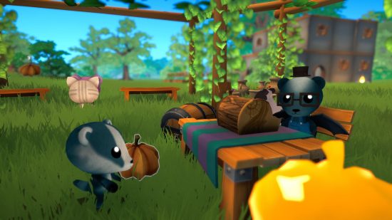 Les meilleurs jeux comme Animal Crossing : Un raton laveur tenant une citrouille tandis qu'un ours en haut-de-forme est assis derrière un bureau dans Garden Paws.