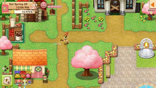 Best games like Animal Crossing: A young girl sprints through a quaint village with cotton candy trees and pastel-coloured houses in Harvest Moon Light of Hope