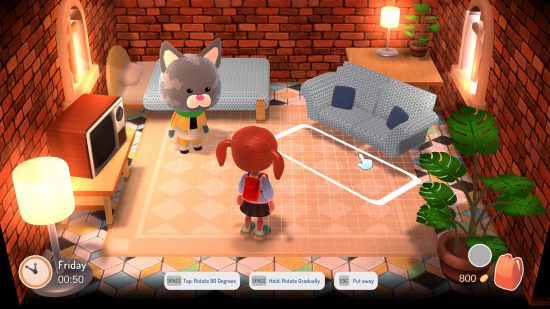 Best games like Animal Crossing: A girl with pigtails and a grey cat redecorate a house in Hokko Life, adjusting the placement of a sofa beside a plant, lamp, and TV.