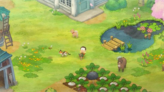 Best games like Animal Crossing: A boy kicks back and relaxes in a maedow surrounded by a cat, dog, and horse near a vegetable patch and fish pond in Doraemon Story of Seasons