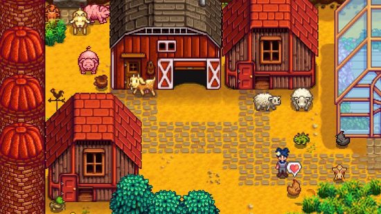 Les meilleurs jeux comme Animal Crossing : La grange de Stardew Valley, peuplée de poulets, de chèvres, de cochons et de moutons, entre autres animaux de la ferme.