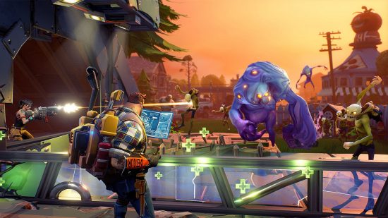 A team shoot a lumbering beast which approaches them in Fortnite: Save the World, one of the best games like Minecraft