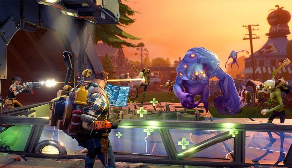 A team shoot a lumbering beast which approaches them in Fortnite: Save the World, one of the best games like Minecraft