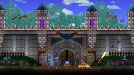 Une bataille dans un château dans l'un des meilleurs jeux comme Minecraft, Terraria