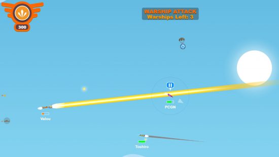 最高のIOゲーム：私たちの戦闘機は、最高のIOゲームの1つであるWings.ioの敵のパイロットに囲まれながら、損傷した軍艦からのレーザービーム攻撃を狭く見逃しています。