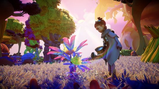 Best life games - Grow Song of the Evertree: a young girl waters a colourful fantasy plant in the mystical game world