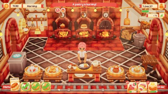 ベストライフゲーム - レモンケーキ：プレイヤーのキャラクターは、ペストリーが燃えているという警告メッセージの下で赤とオレンジ色のキッチンを立てています