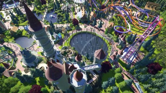 Best management games: a frankly confusing set of winding rollercoasters in Planet Coaster, one of which goes through a medieval castle
