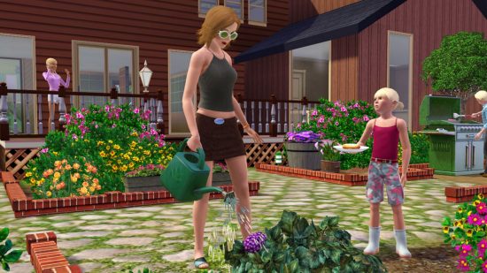 A sim waters her garden in the Sims 3, one of the best management games