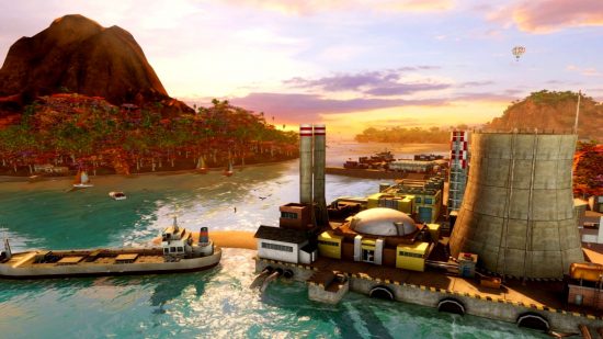 Най -добрите мениджърски игри: живописен док в Tropico 4 по време на залез. Понастоящем кораб се прикисва от пристанището до фабриката