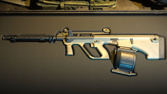 Best MW2 HCR 56 loadout: The HCR 56, one of the best LMGs available in Modern Warfare 2, displayed in its case in the weapons gallery.