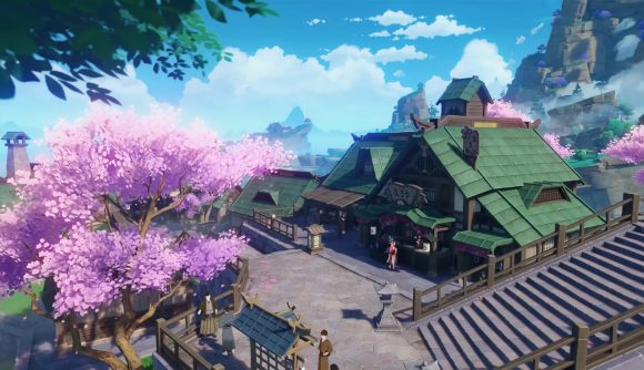 Best open-world games: Genshin Impact. Image shows a beautiful mountain village with cherry blossoms floating by.