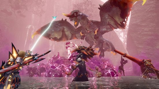 Best PC Games - Monster Hunter Rise: Μια ομάδα παικτών που παίρνουν ένα ιπτάμενο θηρίο