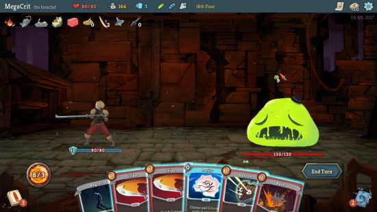 Best PC games - Slay the Spire: The player facing off against a slime