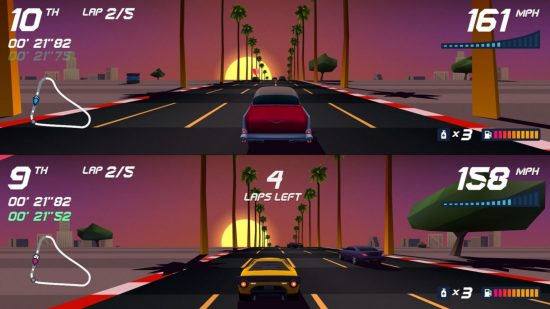 A horizontal split screen view of one of the best retro games, Horizon Chase Turbo, with the cards racing through a palm-tree lined road at sunset.