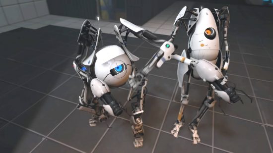 Best Robot games - Atlas is nudging Peabody, both of whom are robots in Portal 2's co-op mode.