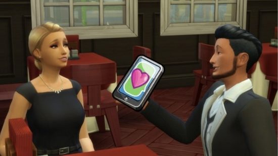 Male Sim hands his phone to female Sim in Sims 4 sex mod SIMDA Dating App