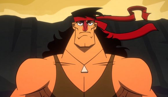 Broforce Forever update: Rambro, an absurdly muscled cartoon version of John Rambo, calmly prepares for the ultimate battle, red headband fluttering in the apocalyptic breeze